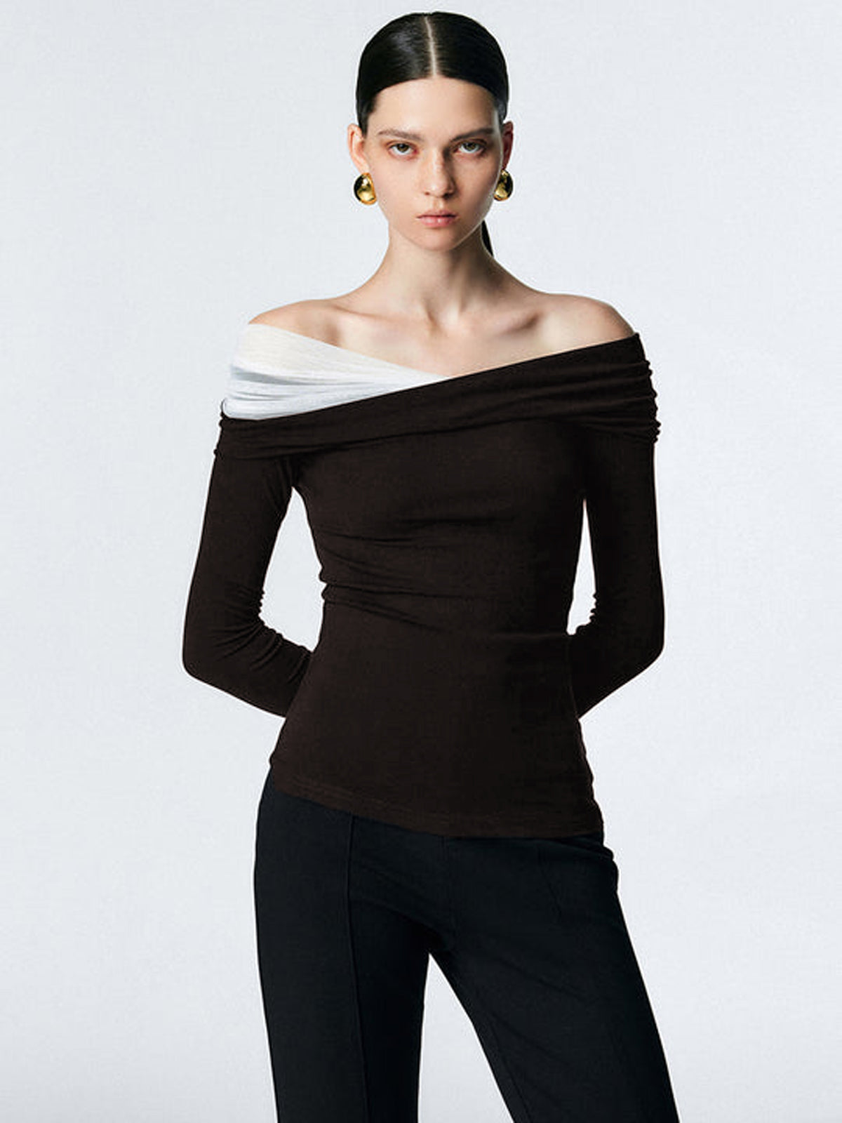 Asymmetric Off Shoulder Long Sleeve Mesh Top