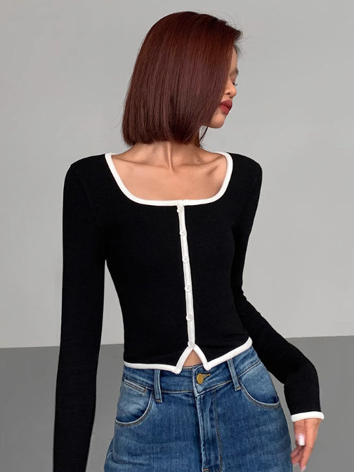 Square Neck Contrast Trim Long Sleeve Knit Shirt