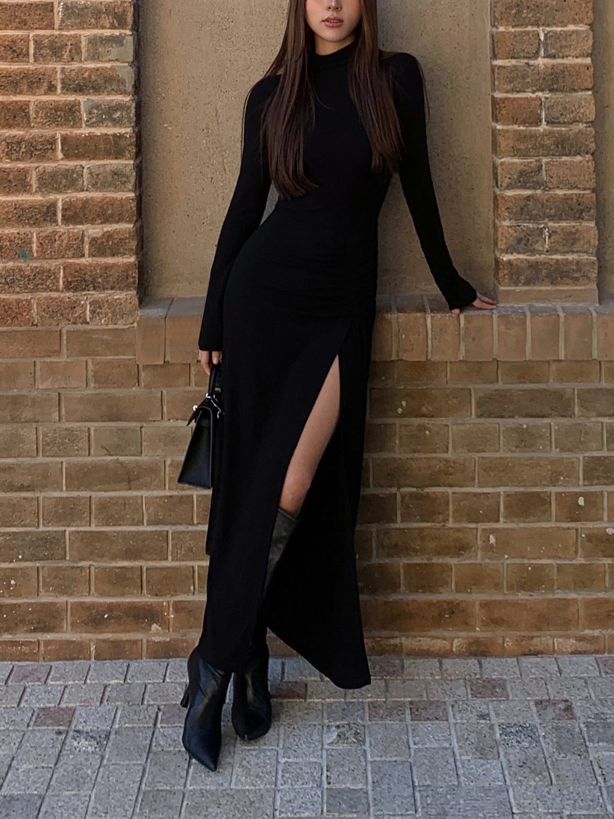 Slit Pleated Long Sleeve Bodycon Mock Neck Long Dress