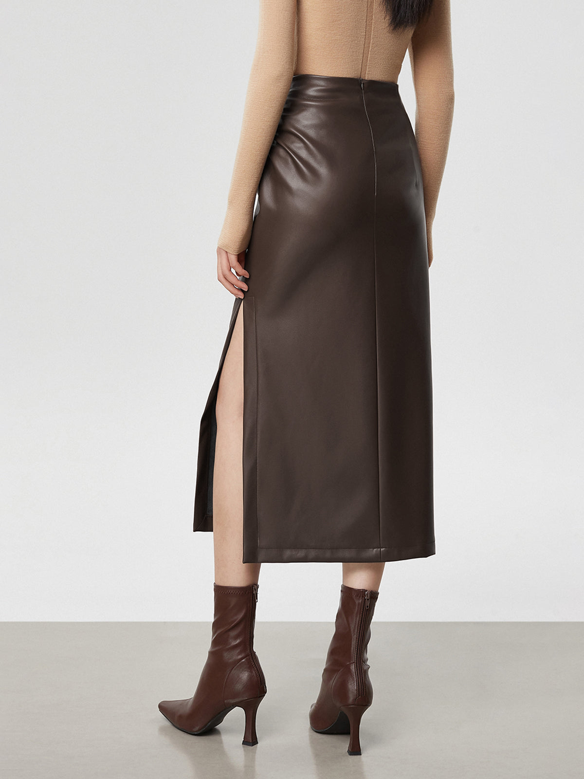 Faux Leather Ruched Slit Midi Skirt