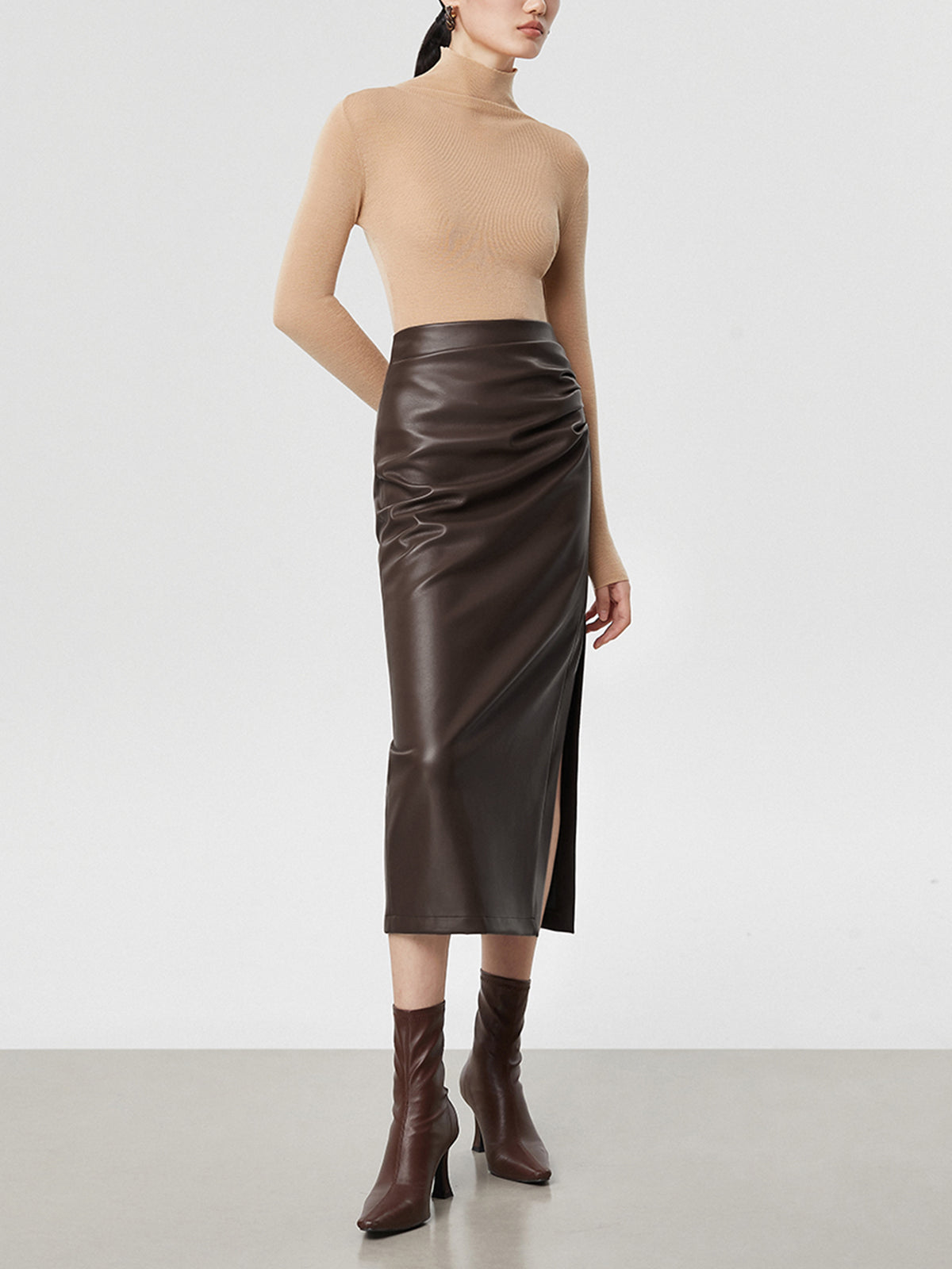 Faux Leather Ruched Slit Midi Skirt