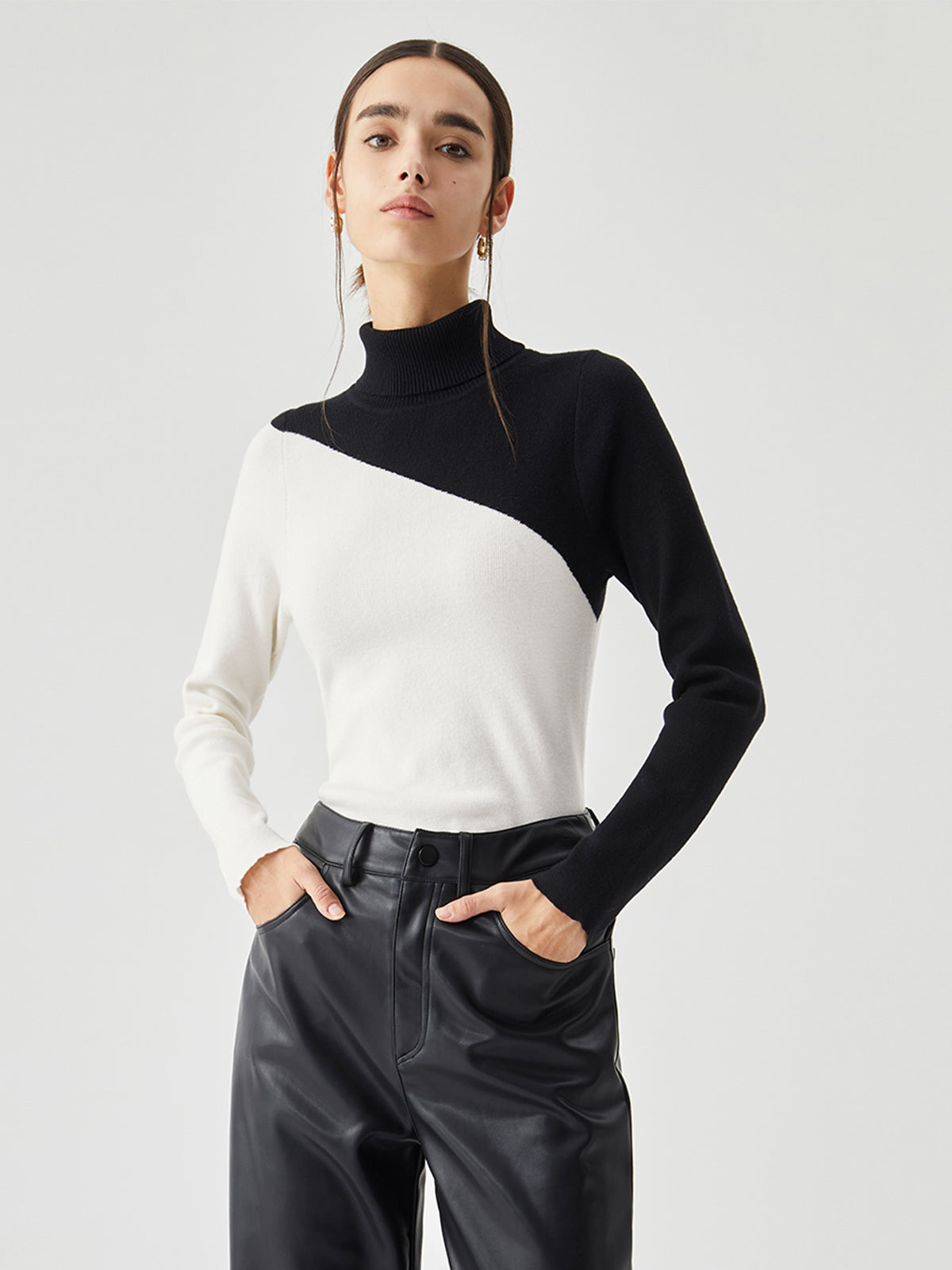 Asymmetric Patchwork Long Sleeve Mock Neck Knit Top