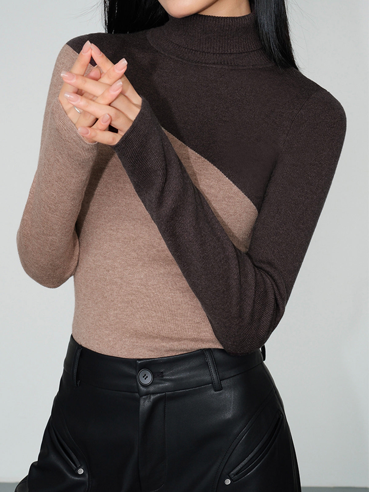 Asymmetric Patchwork Long Sleeve Mock Neck Knit Top