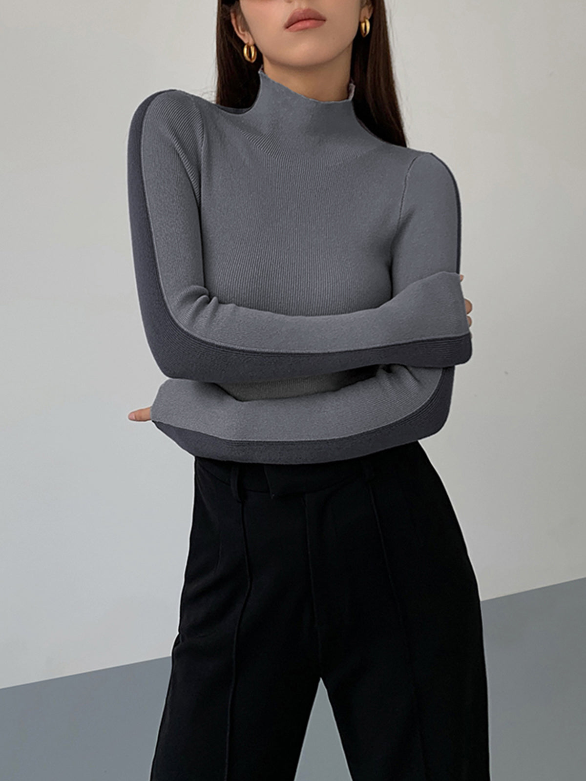 Two Tone Double Sided Long Sleeve Knit Top