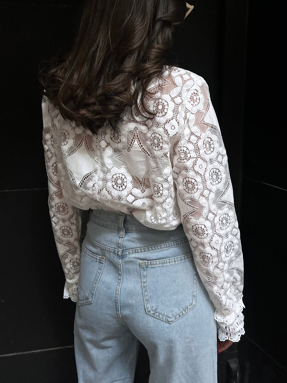 Lace Embroidery Floral Mock Neck T-Shirt