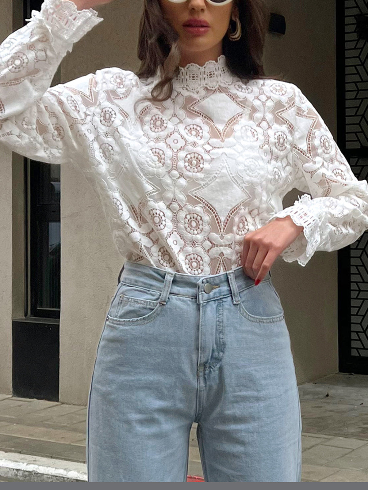 Lace Embroidery Floral Mock Neck T-Shirt