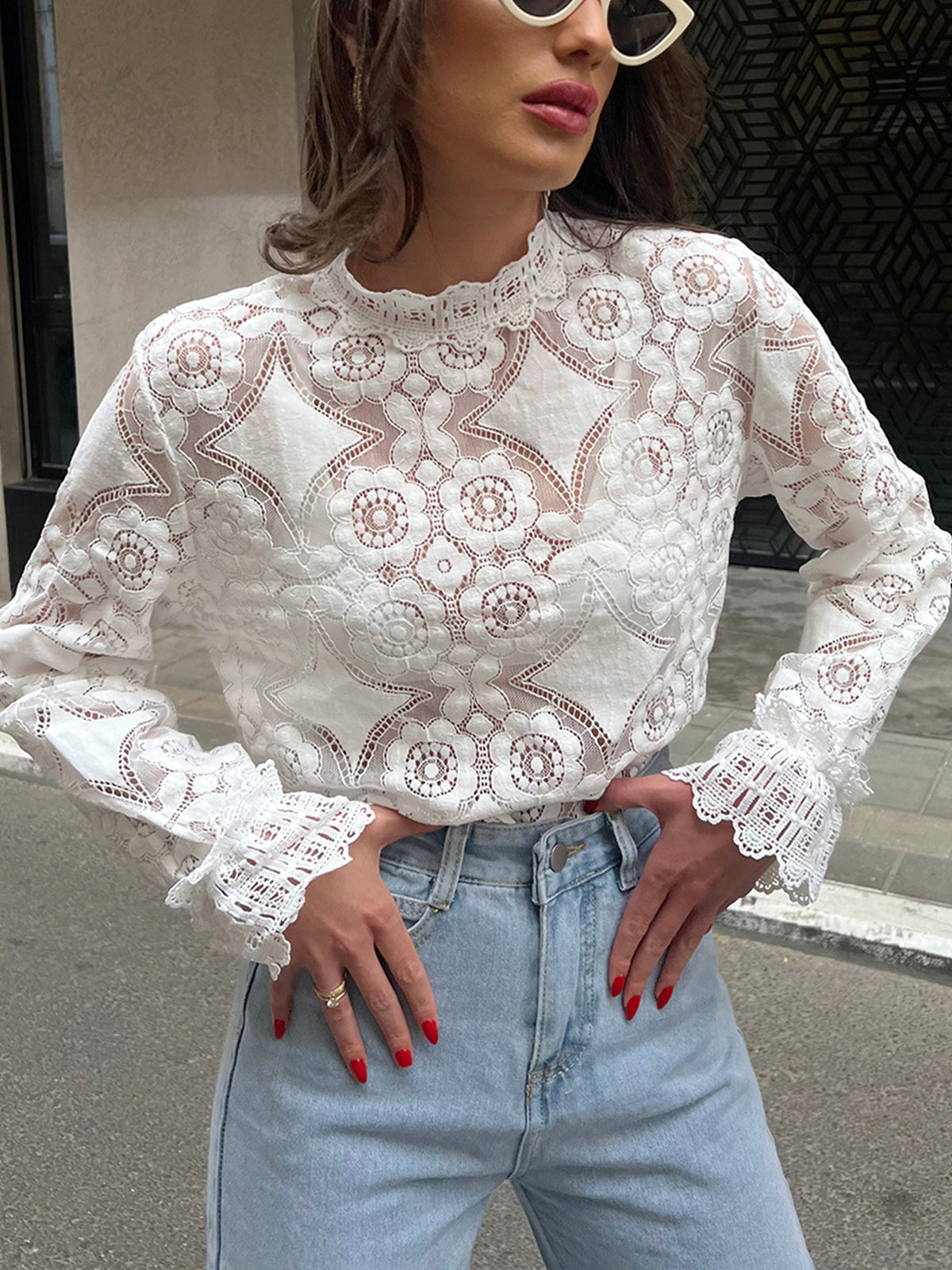 Lace Embroidery Floral Mock Neck T-Shirt