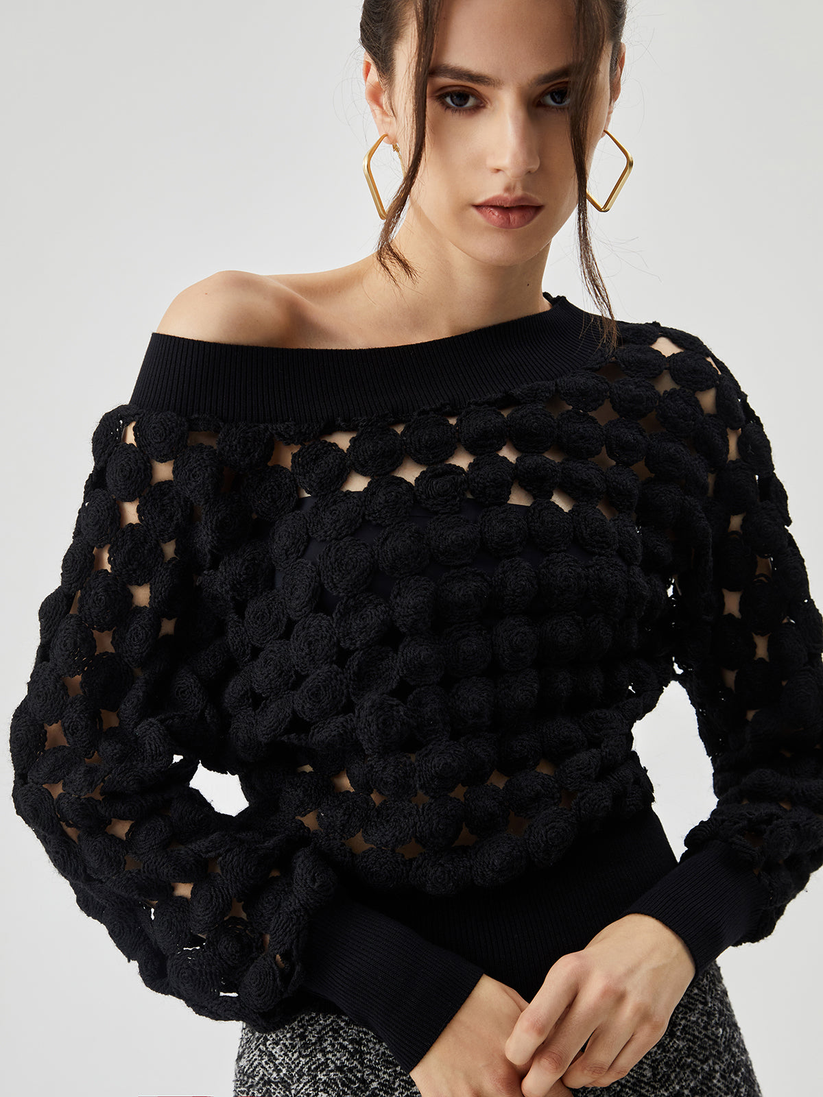 Crocheted Circle Hollow Off Shoulder T-Shirt