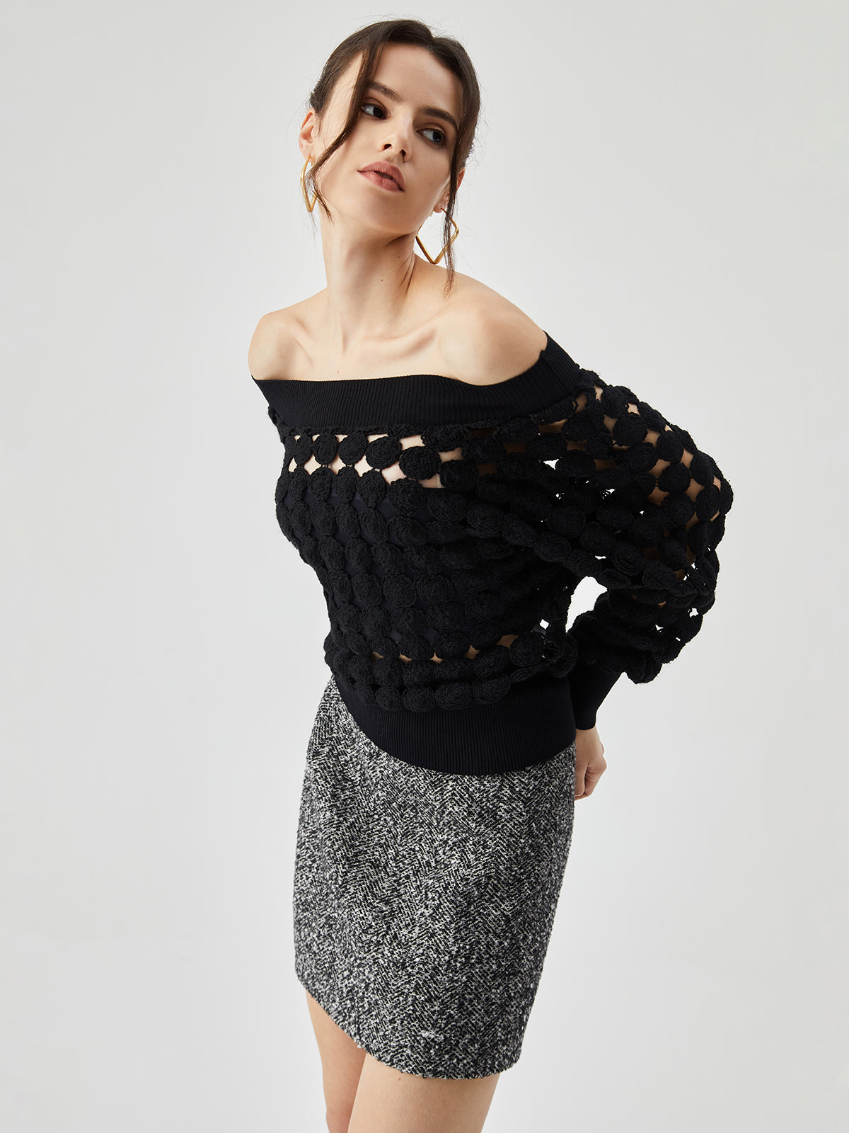 Crocheted Circle Hollow Off Shoulder T-Shirt