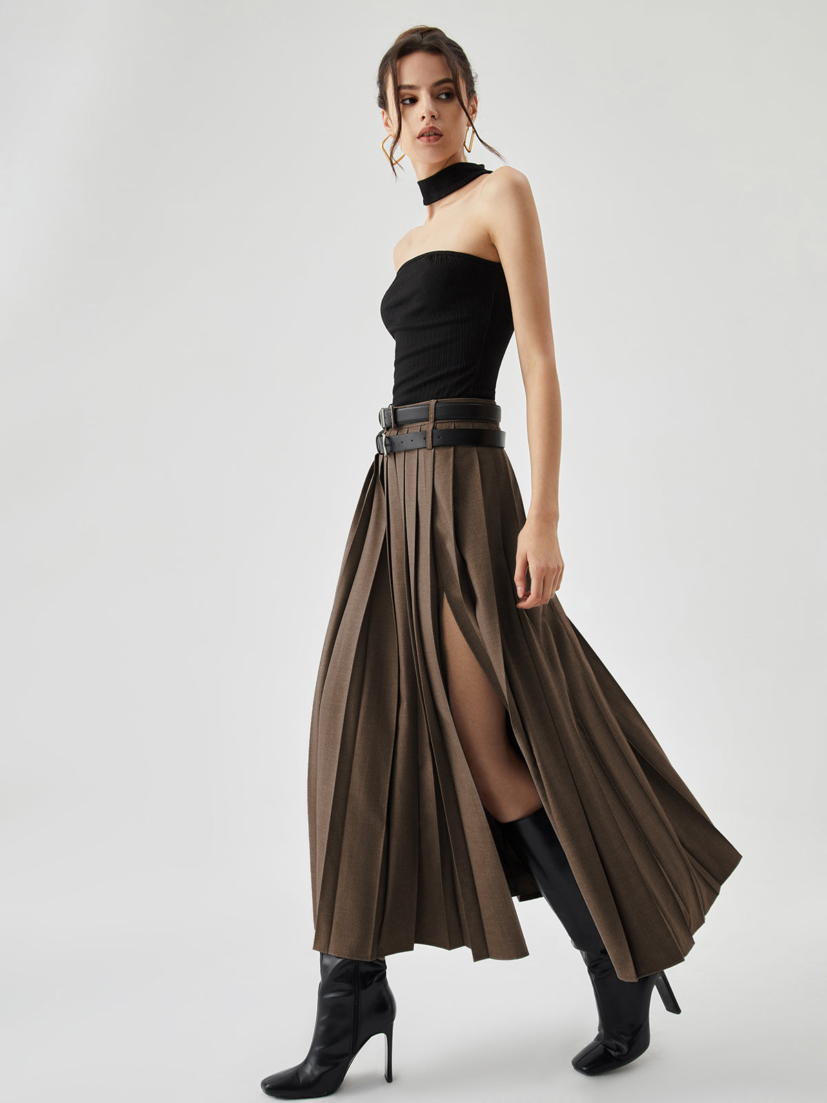 Pleated Split Maxi Skirt Without Belt