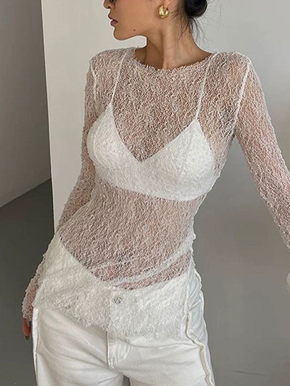 Lace Raw Hem Crew Neck Long Sleeve Top