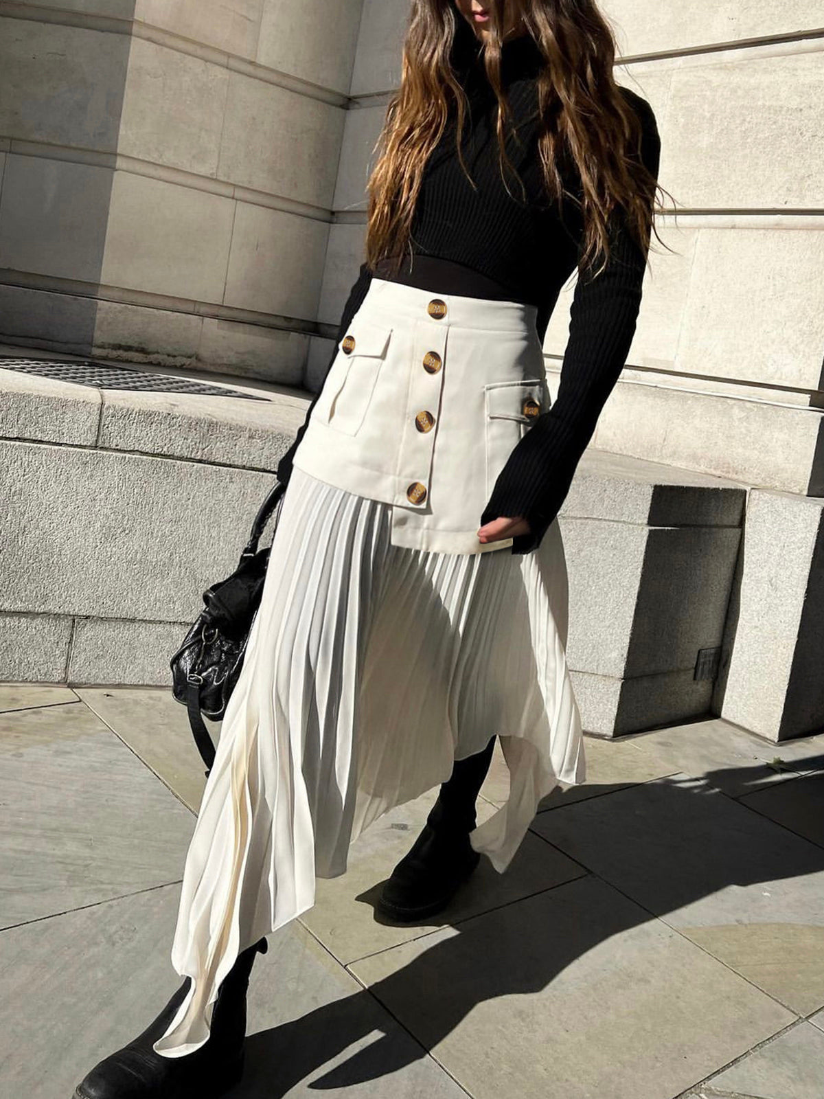 Patchwork Asymmetrical Pleated Buttoned Midi Skirt