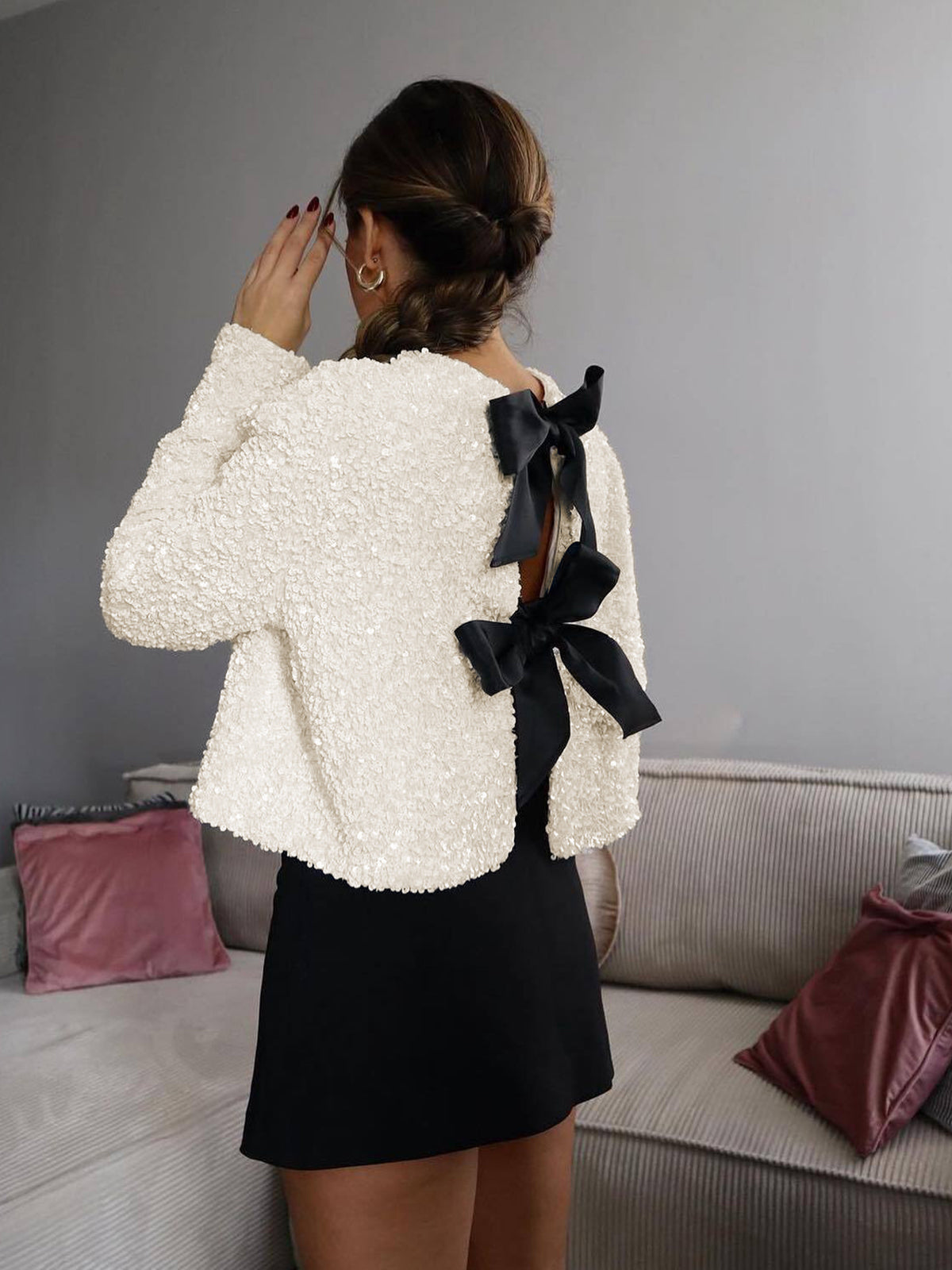 Sequined Velvet Bowknot Decor Jacket