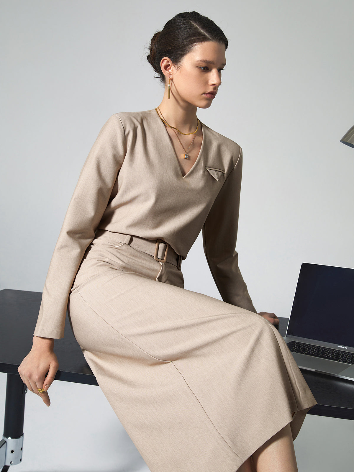 Solid V-neck Belted Two Piece Skirt Set