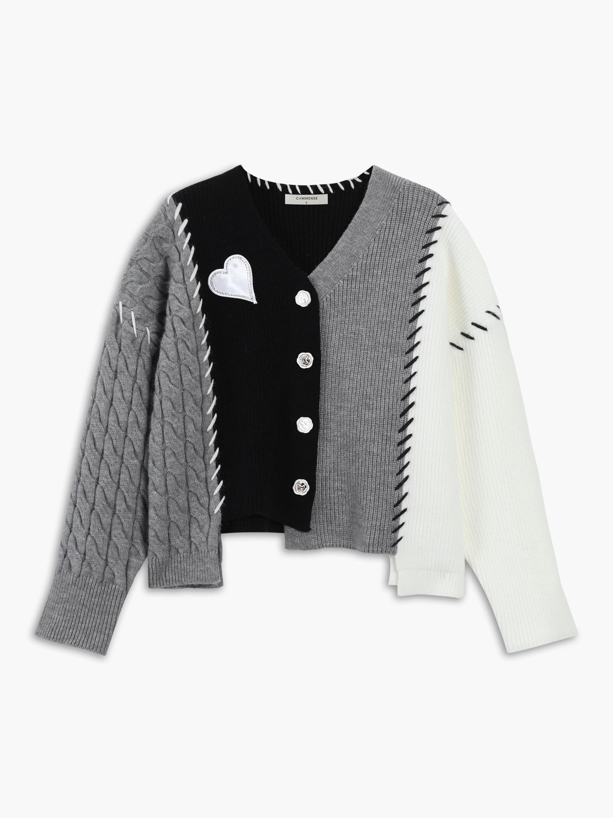 Patchwork Cable Knit Contrast Stitch Cardigan