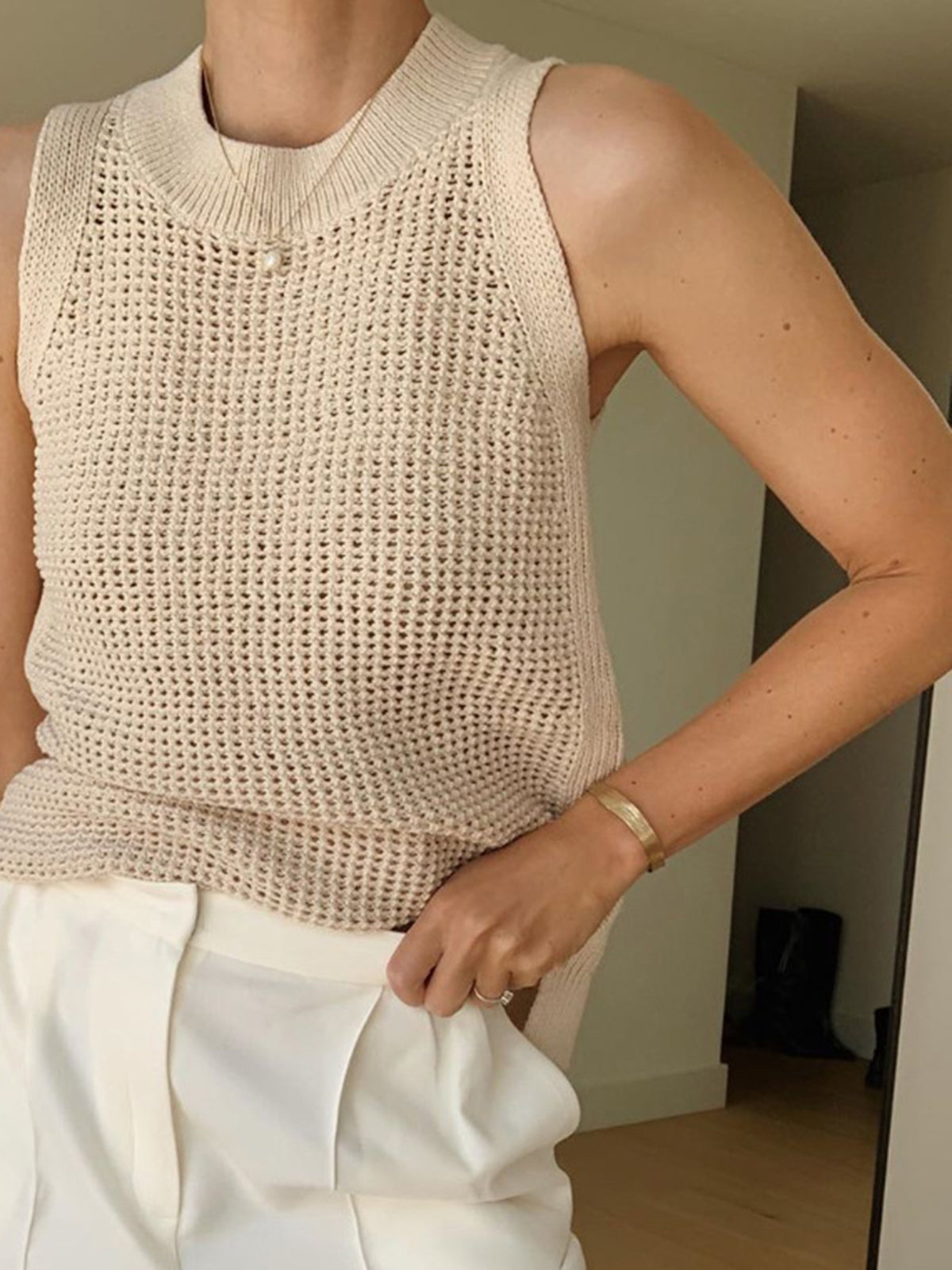 Knit Hollow Solid Tank Top