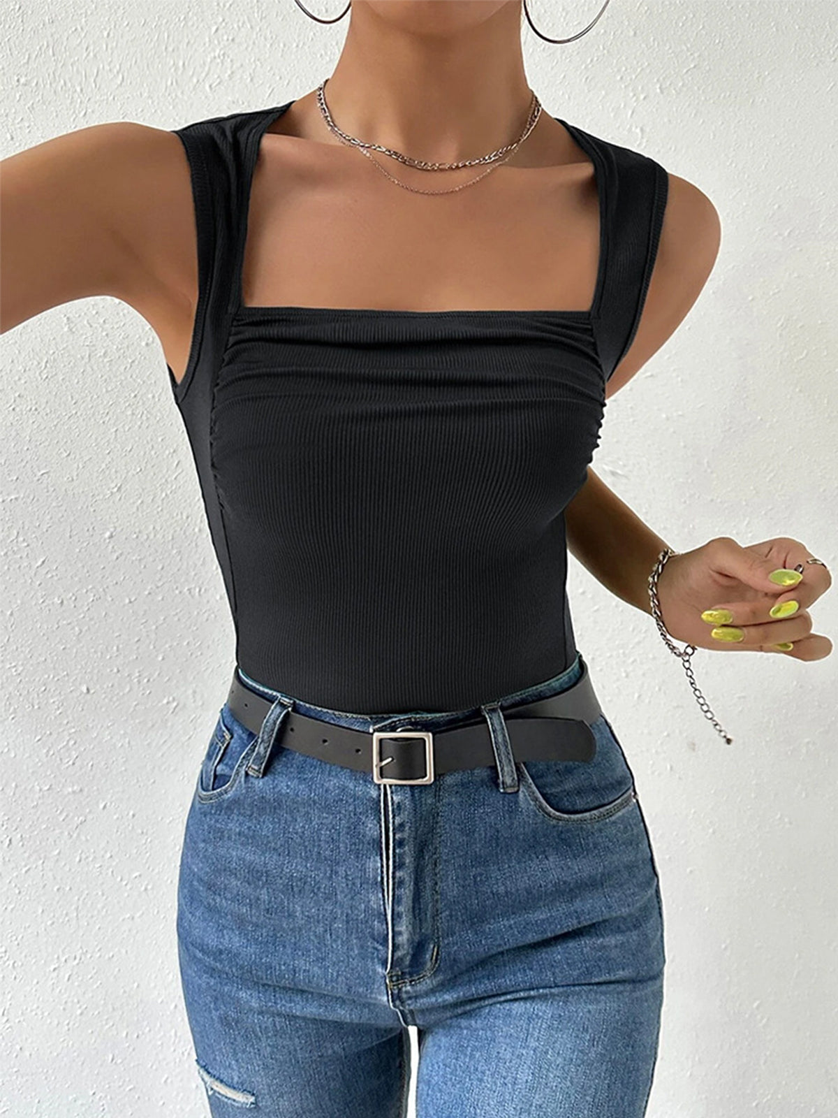 Solid Square Neck Strappy Top