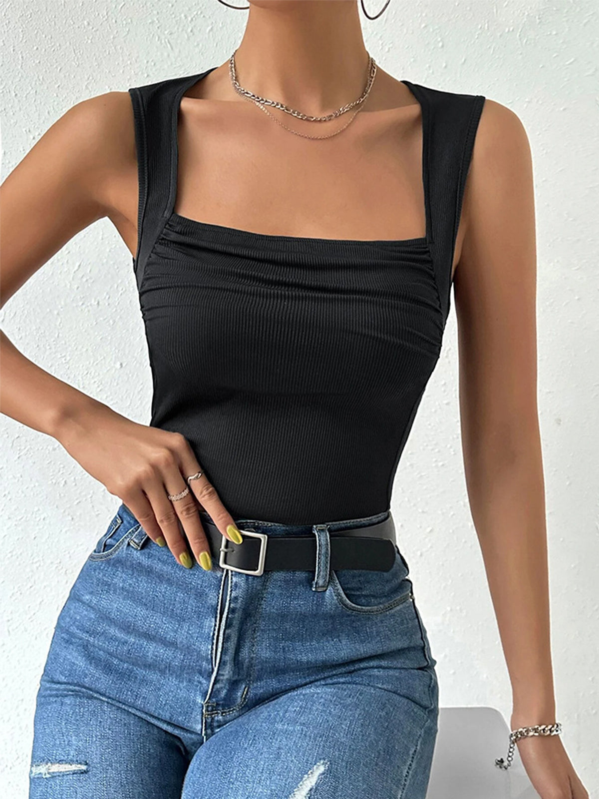 Solid Square Neck Strappy Top