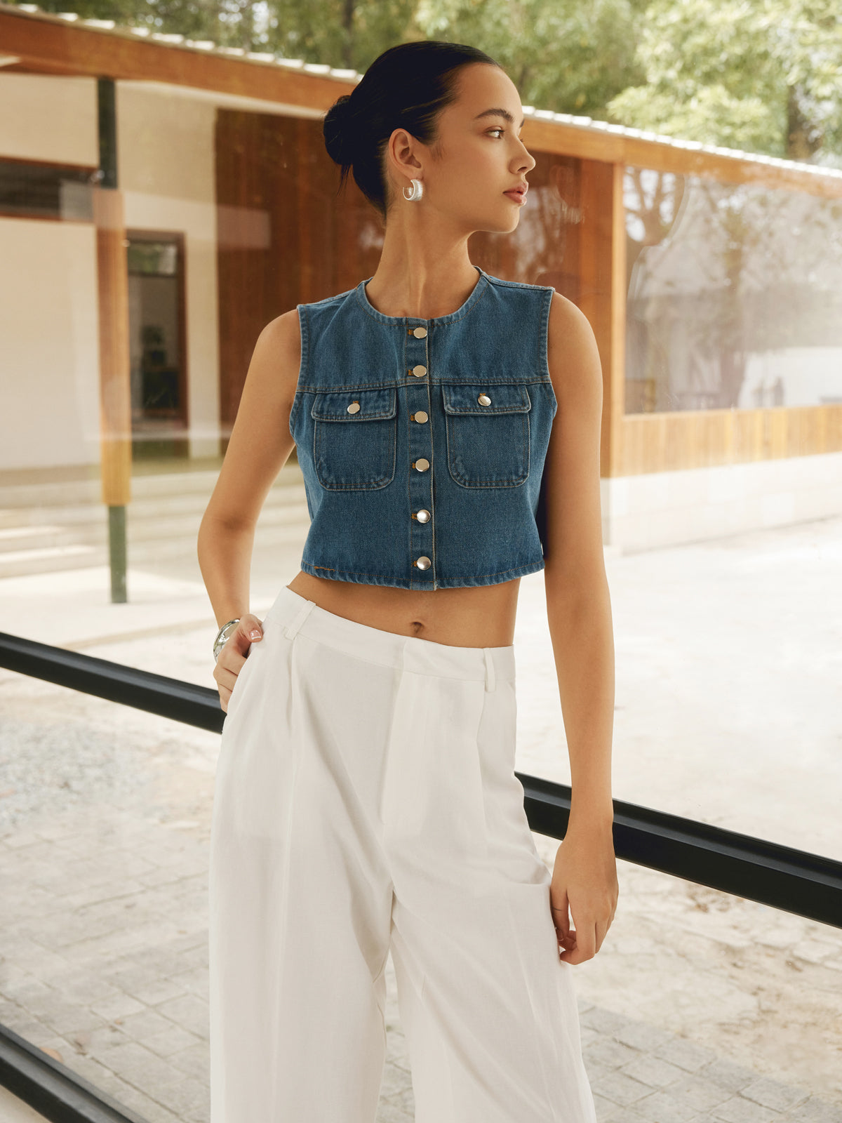 Button Front Double Pockets Denim Top