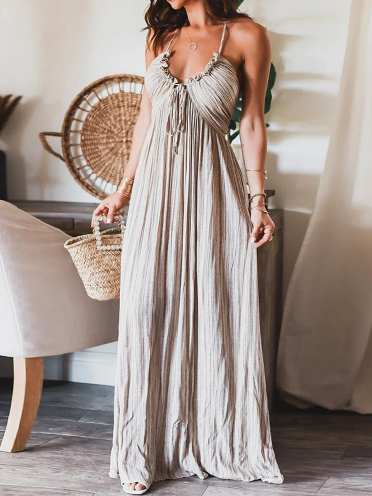 Backless U-Neck Halter Strap Long Dress