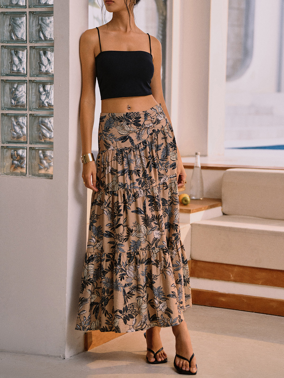 Herbal Harmony Plant Print Split Maxi Skirt