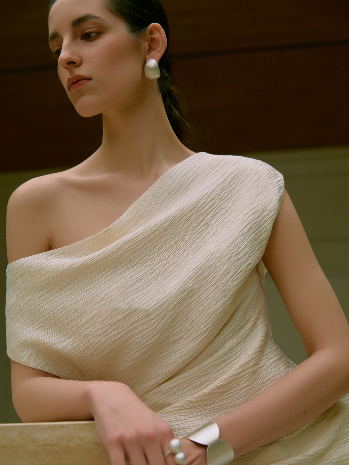 Asymmetrical Neck One Shoulder Off Pleated T-Shirt