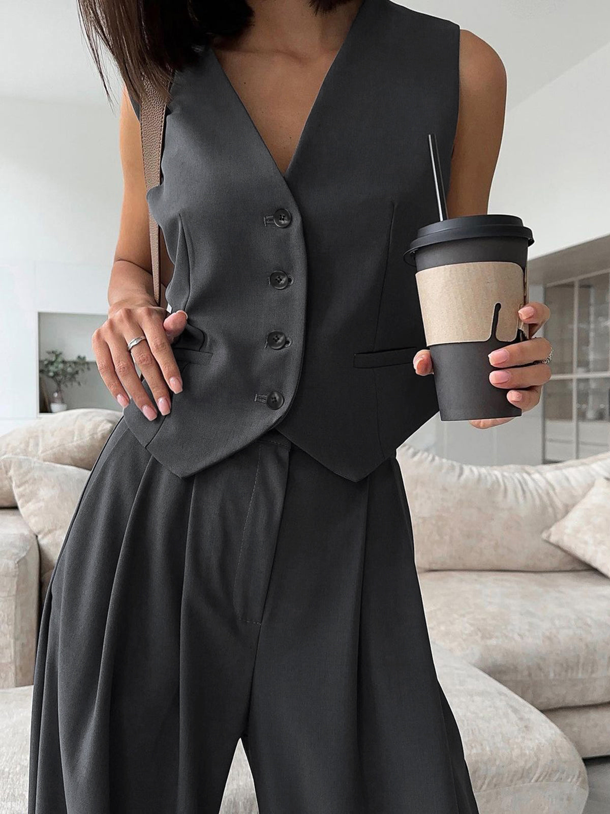 Solid V-Neck Waistcoat With Wide Leg Pants Set