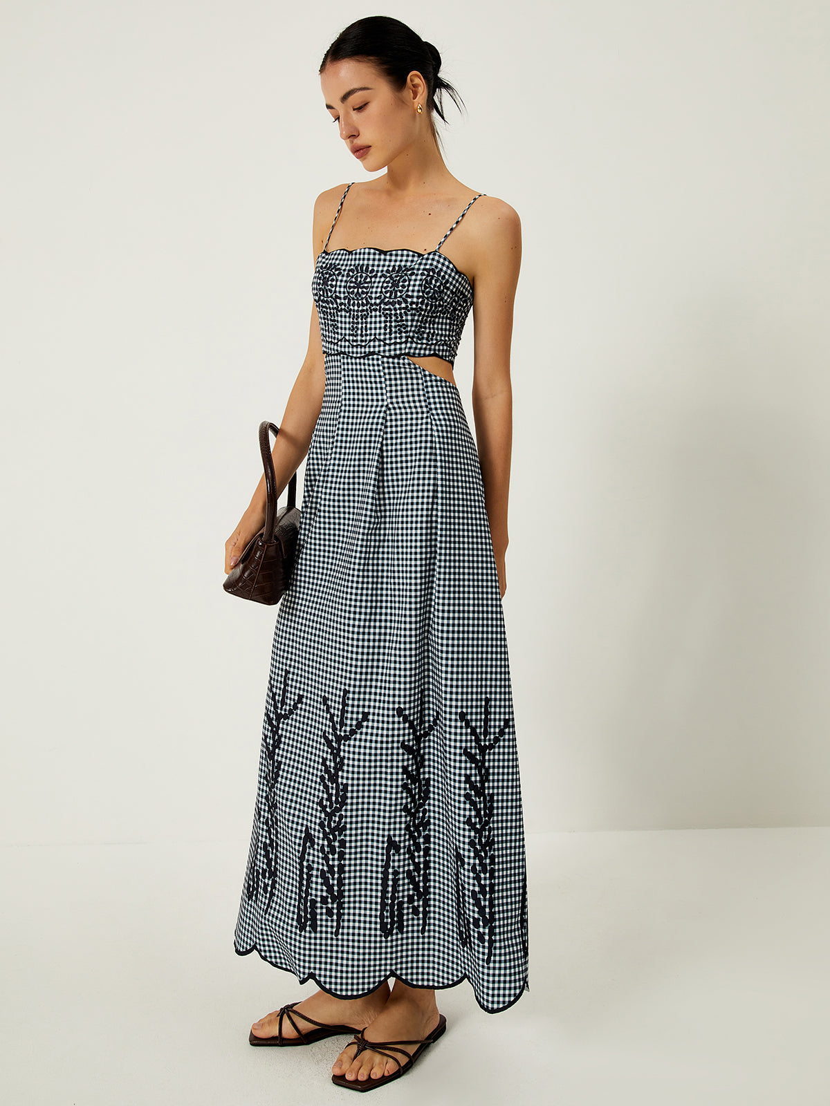 Plaid Print Embroidered Cutout Cami Long Dress