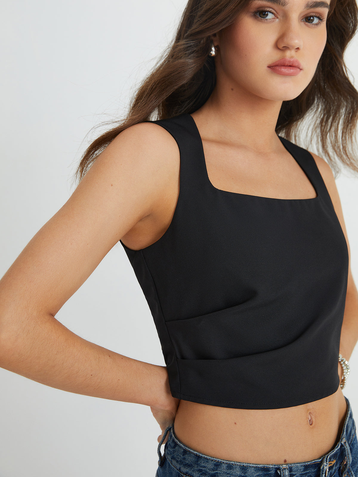 Solid Square Neck Pleated Strappy Top