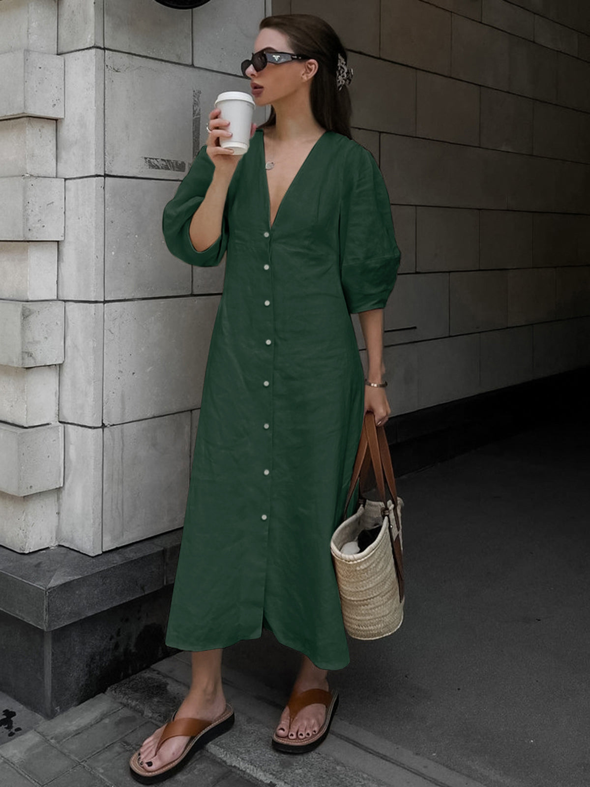 Cotton & Linen Button-Front Knotted Long Dress