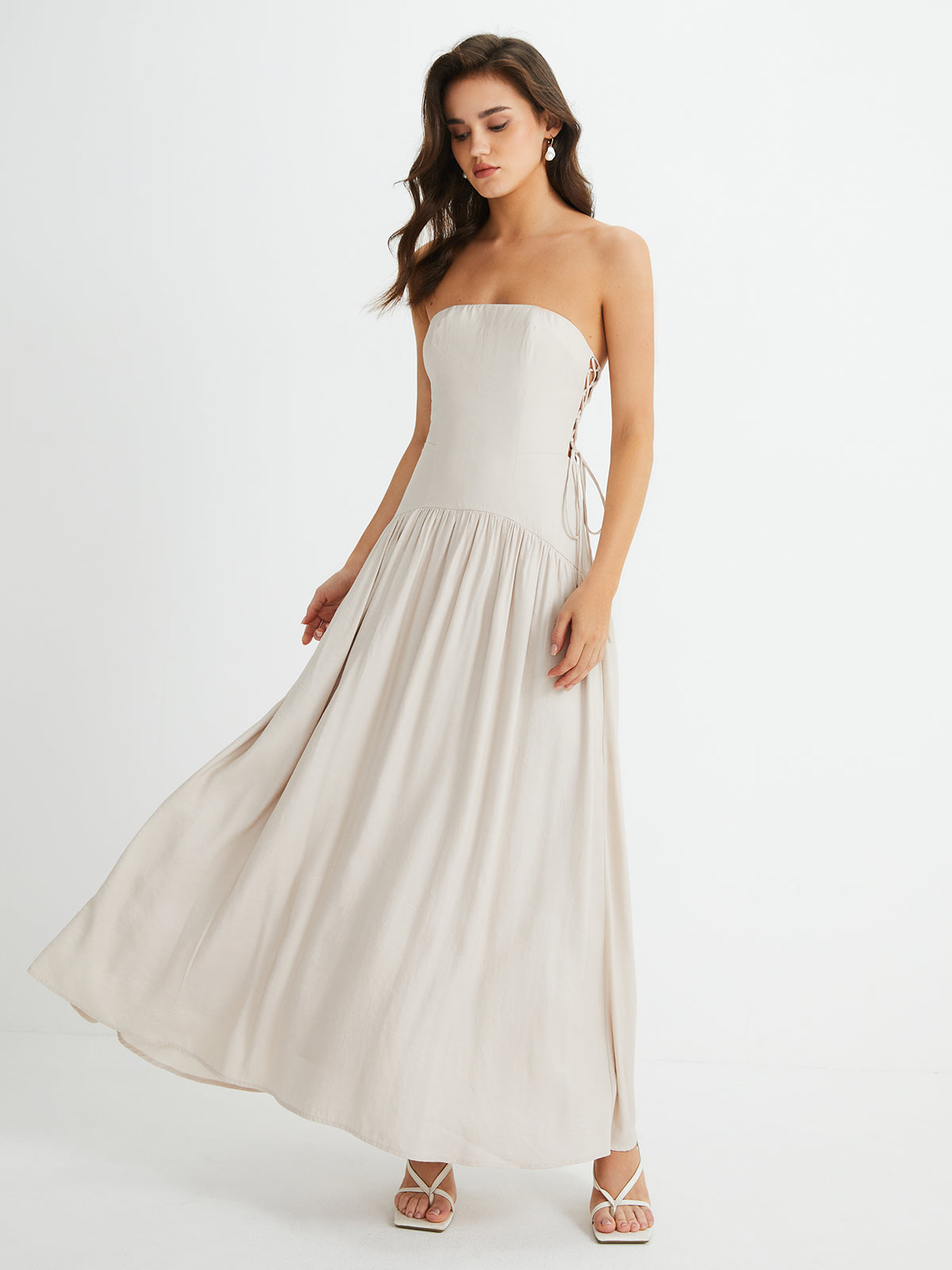 Pleated Drawstring Pockets Long Dress