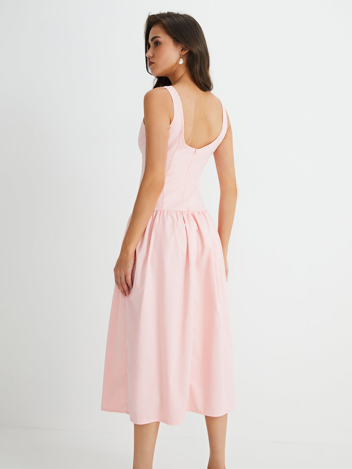 Multi-Button Sleeveless Pleated Midi Dress