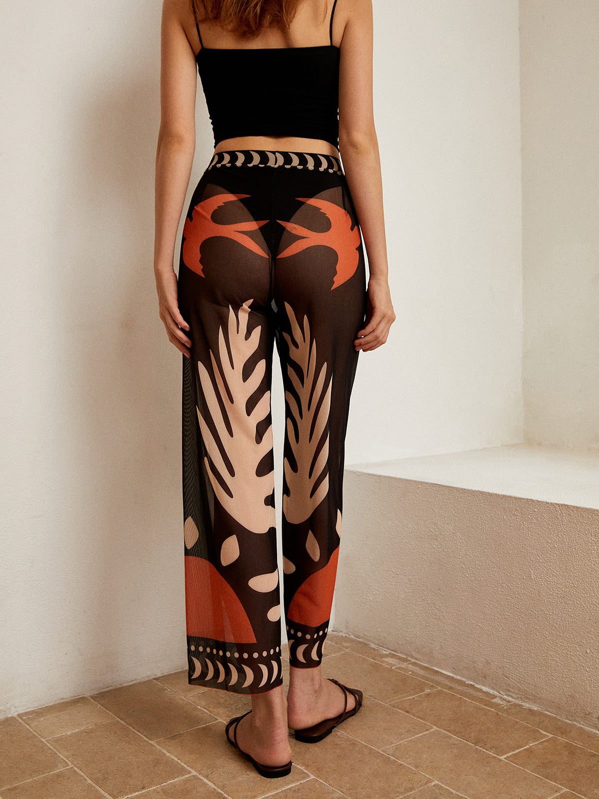 Bird Print Sheer Mesh Pants