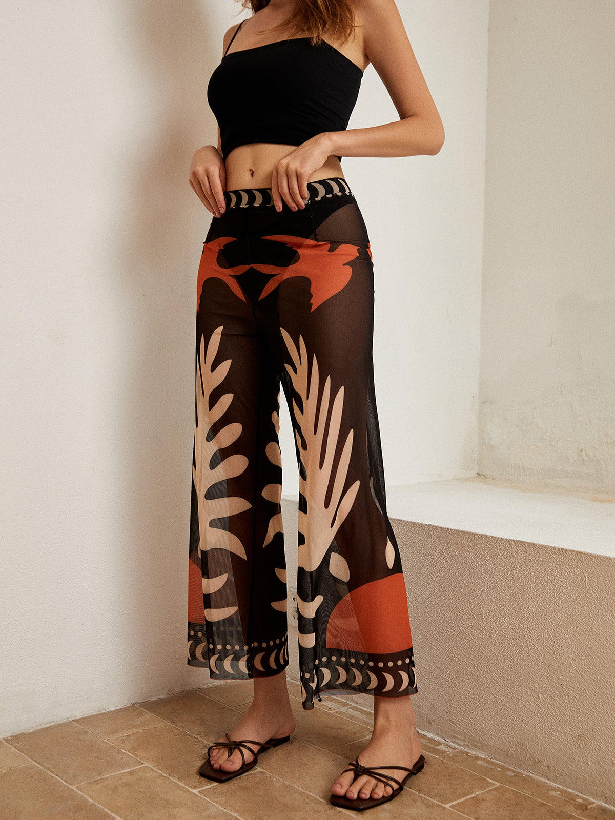 Bird Print Sheer Mesh Pants