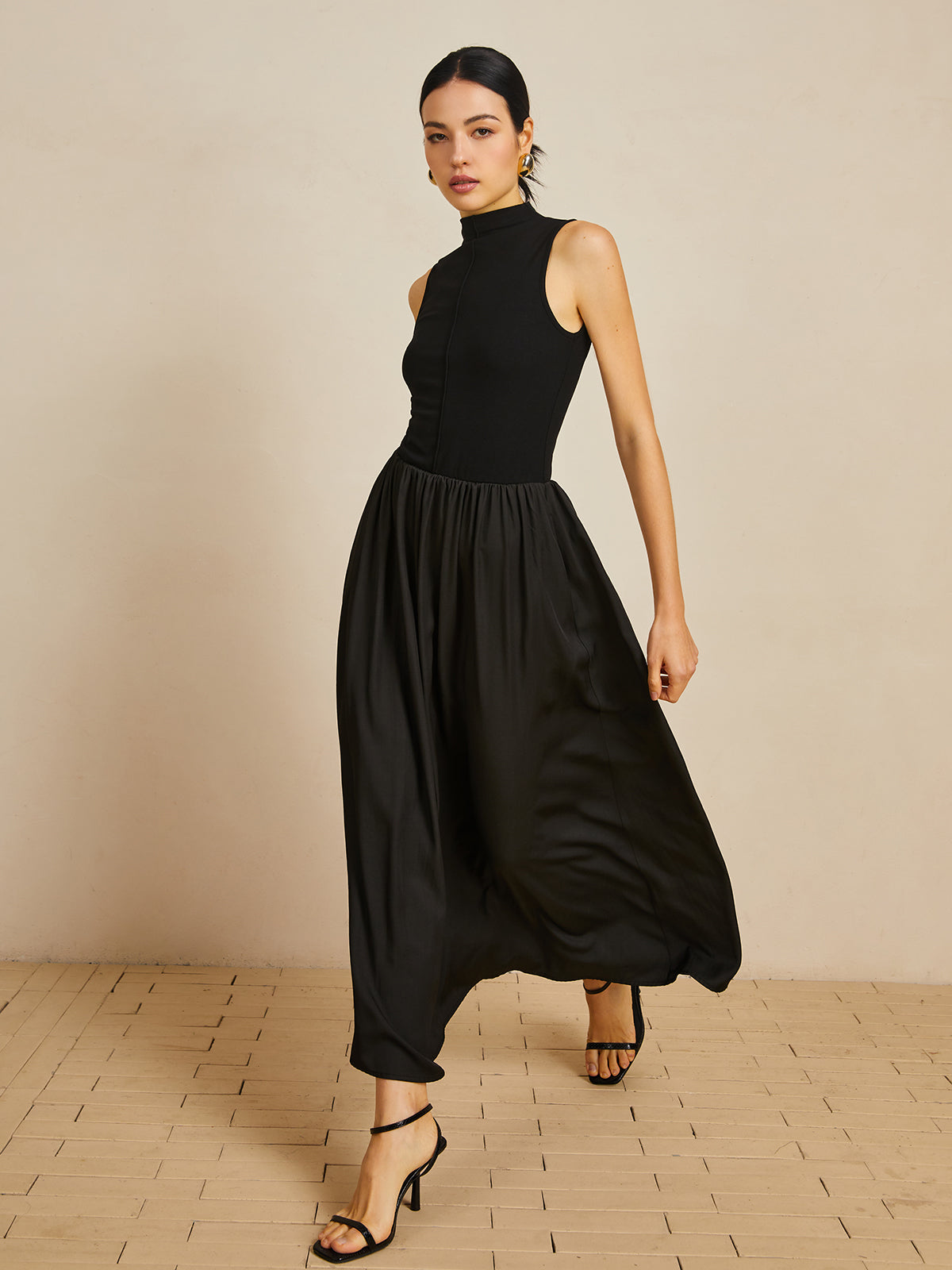 Solid Mock Neck Sleeveless Long Dress