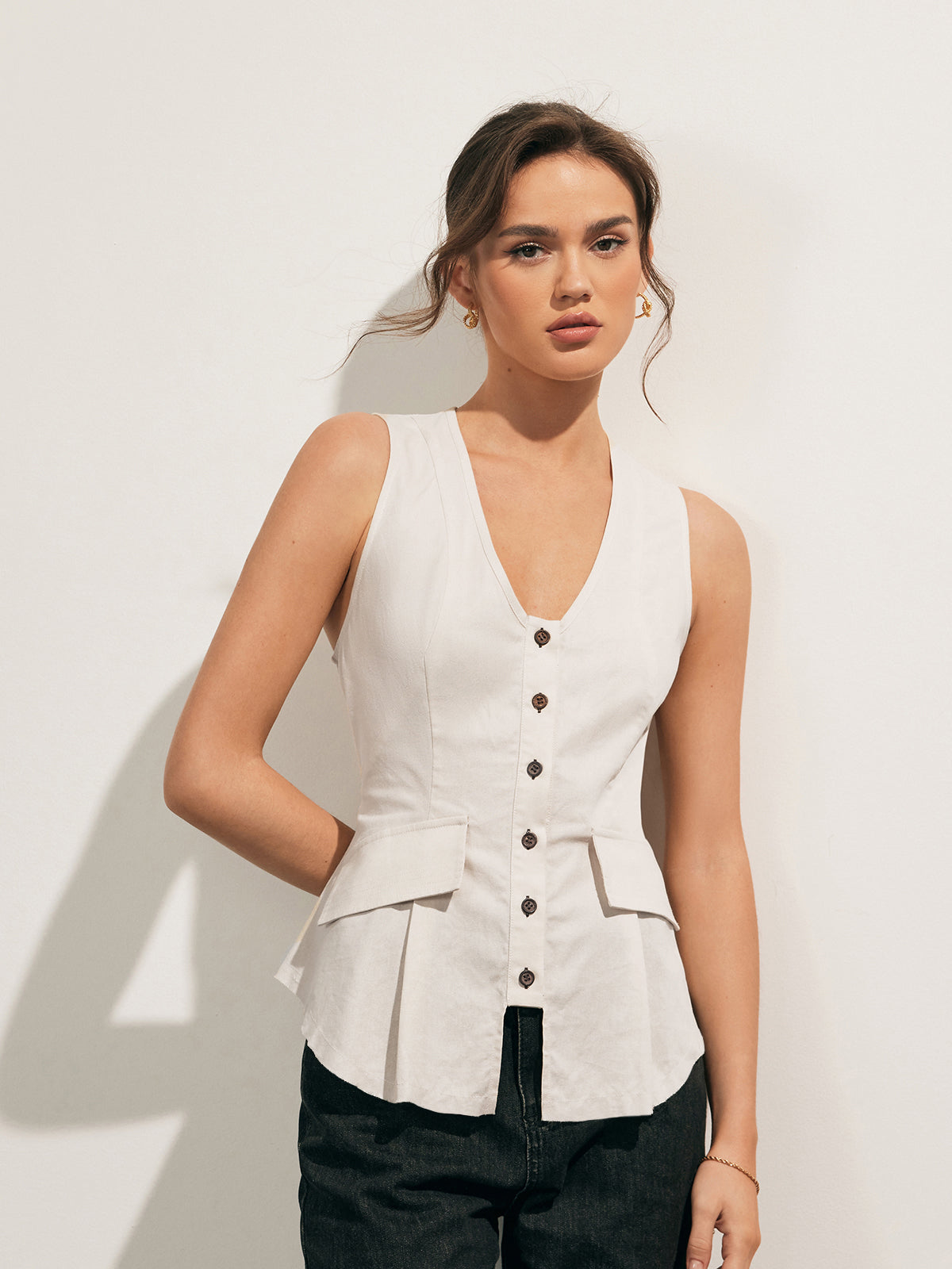 Linen Blends Raw Hem Button Up Vest