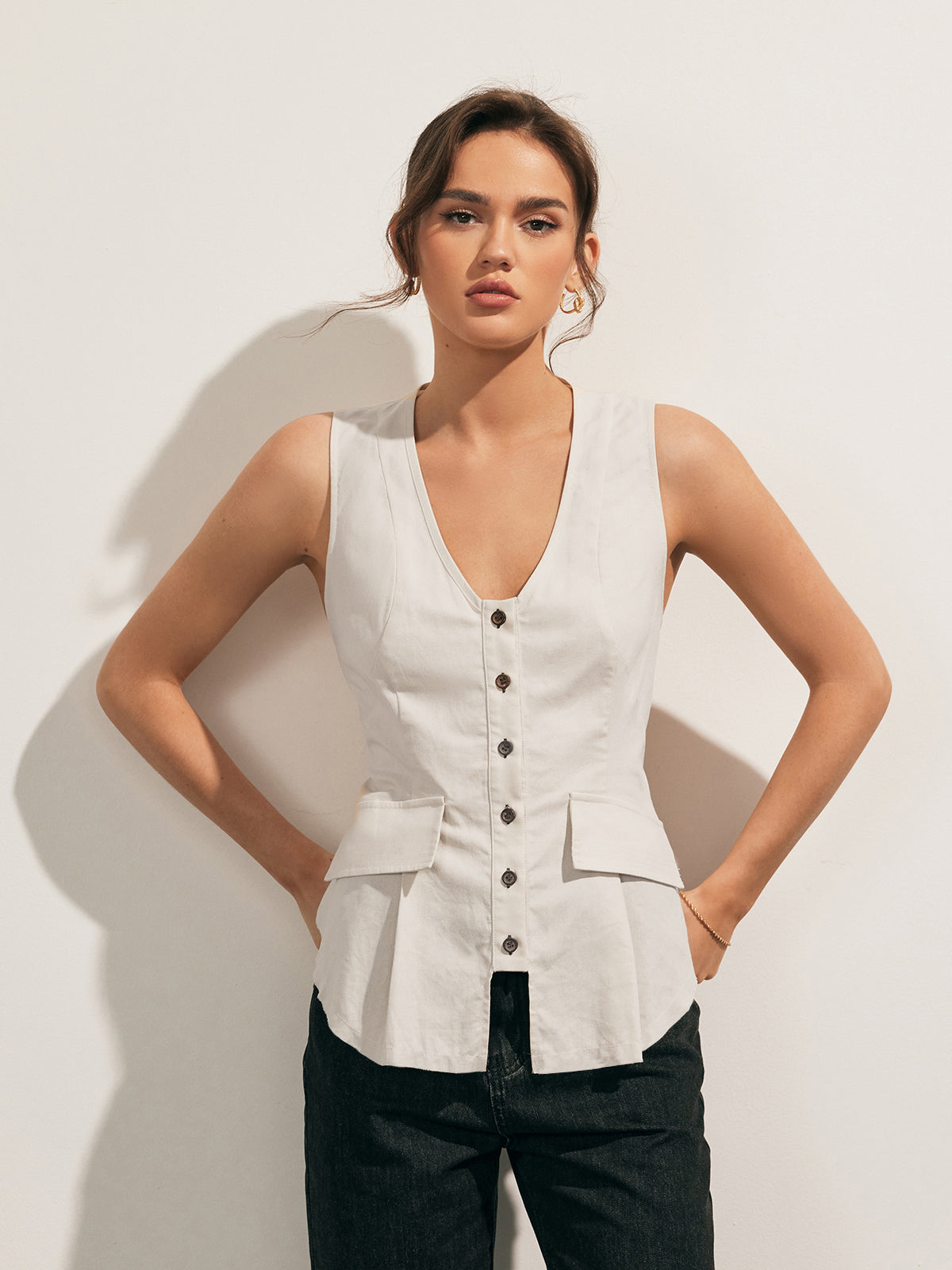 Linen Blends Raw Hem Button Up Vest