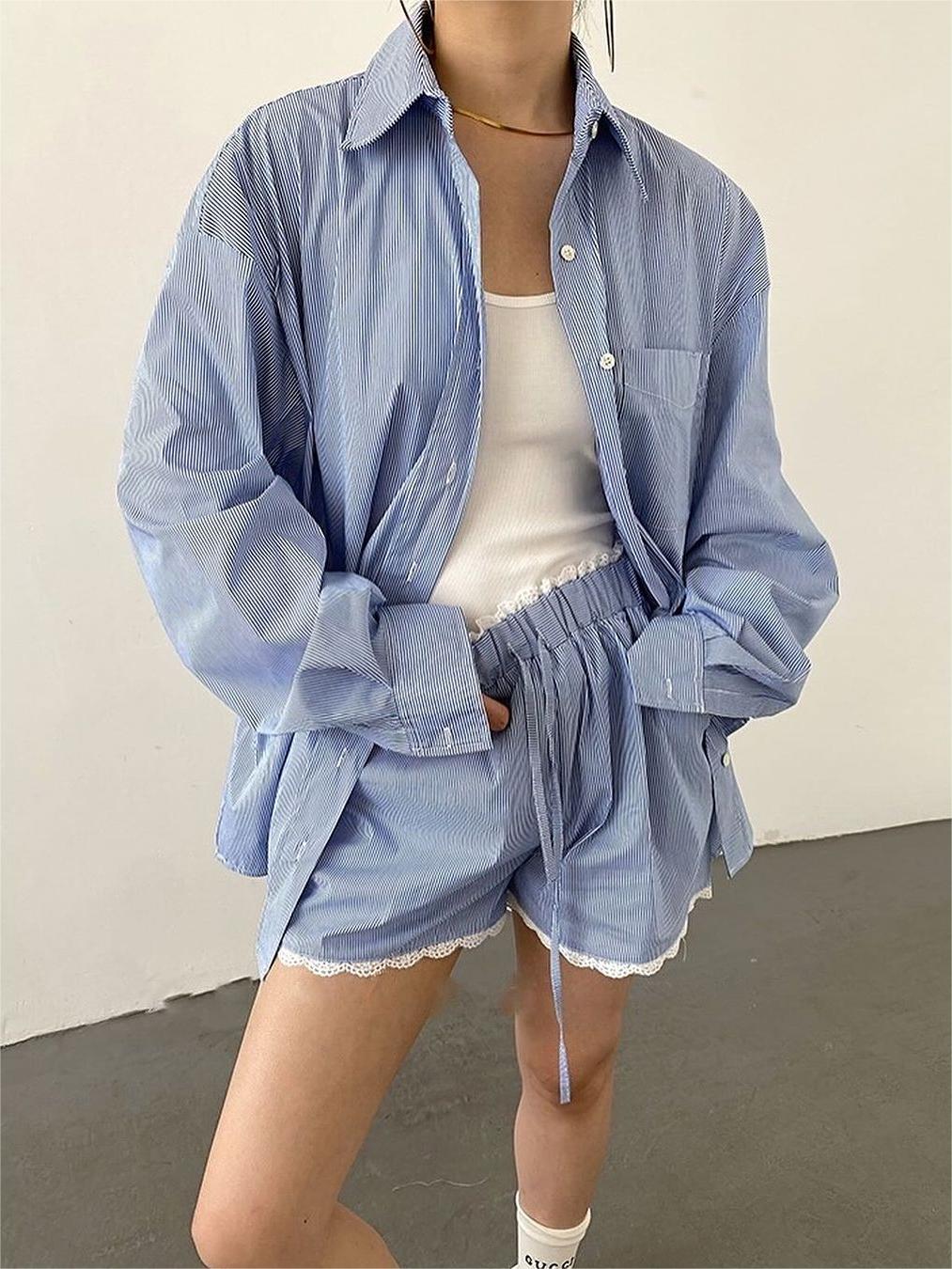 Oversized Stripe Textured Long Sleeve Shorts Set