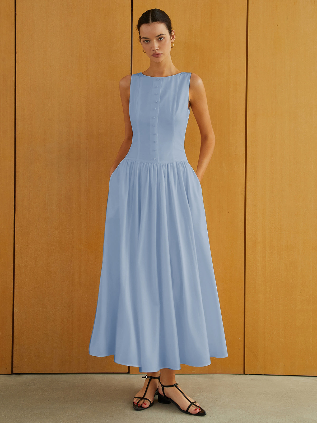 Button-Front Sleeveless Pockets Long Dress