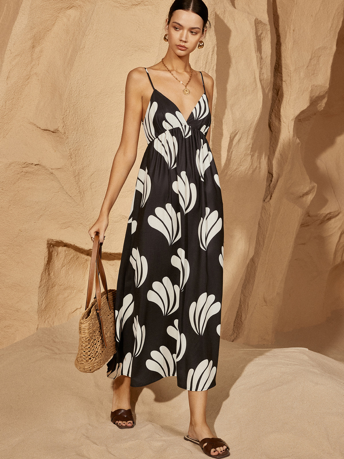 Oversized Palm Backless V-Neck Dress