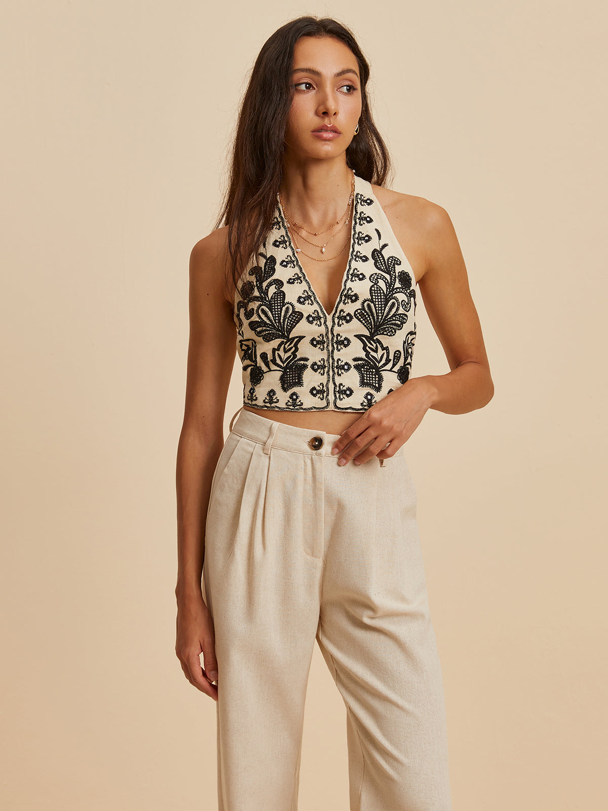 Embroidery Print V-Neck Halter Top