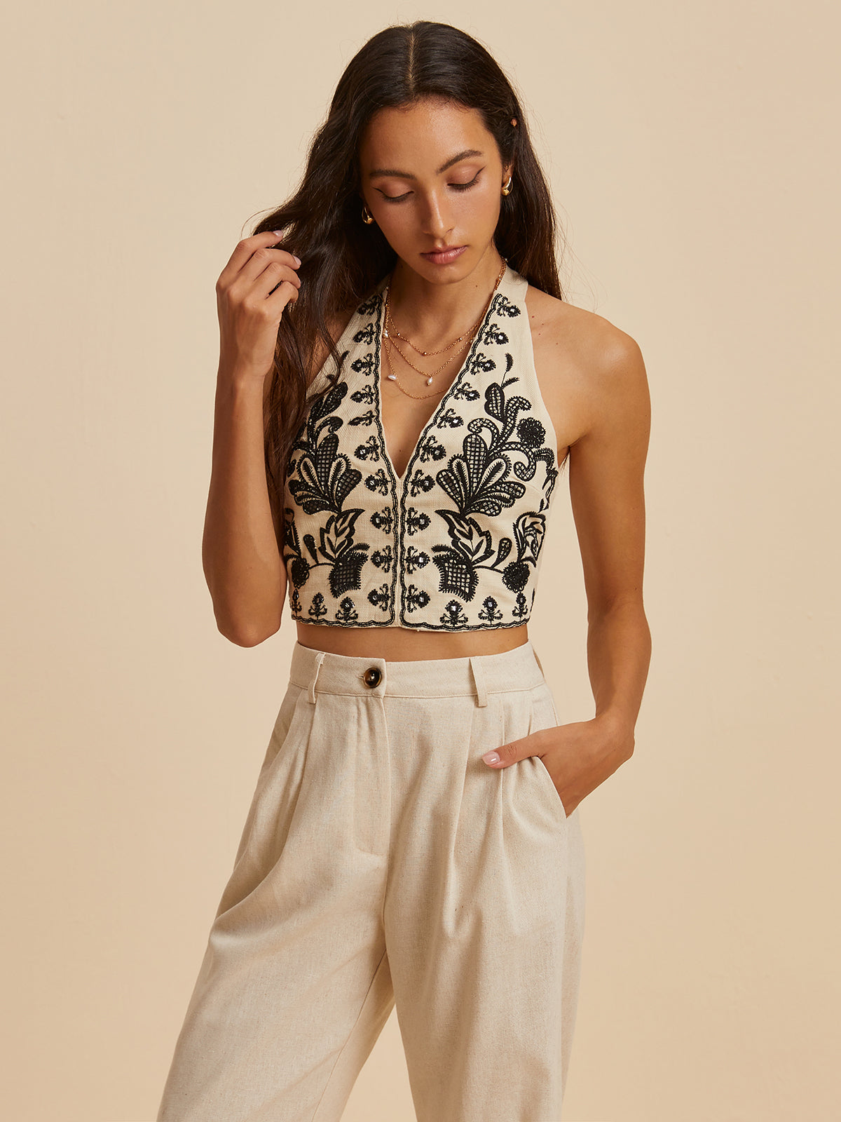 Embroidery Print V-Neck Halter Top