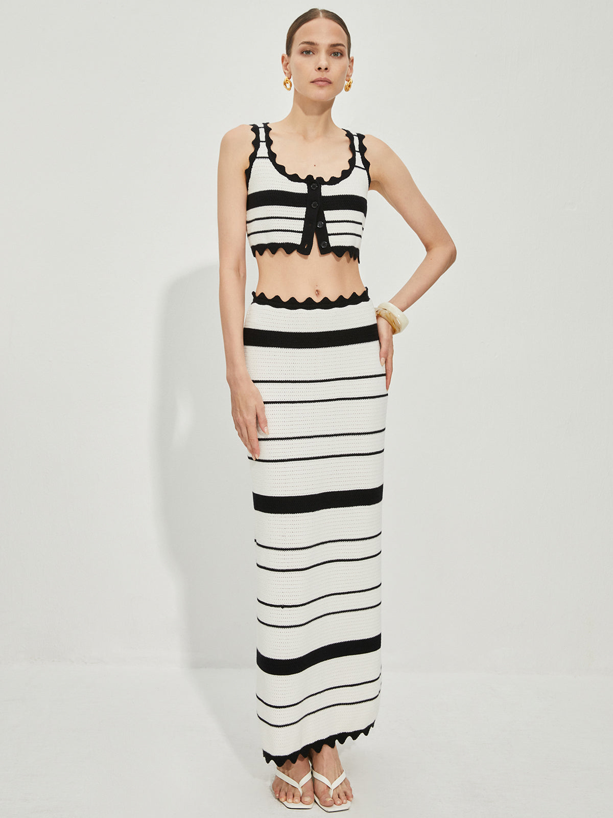 Contrast Trim Stripe Knit Skirt Set