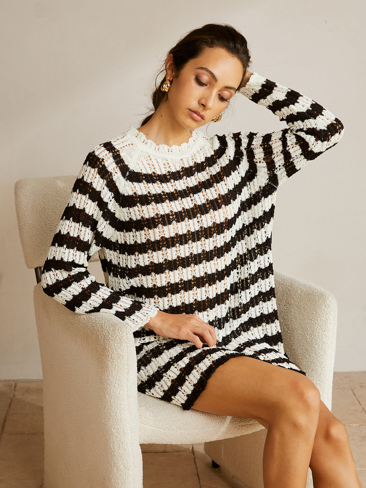 Striped Lettuce Trim Hollow Sweater