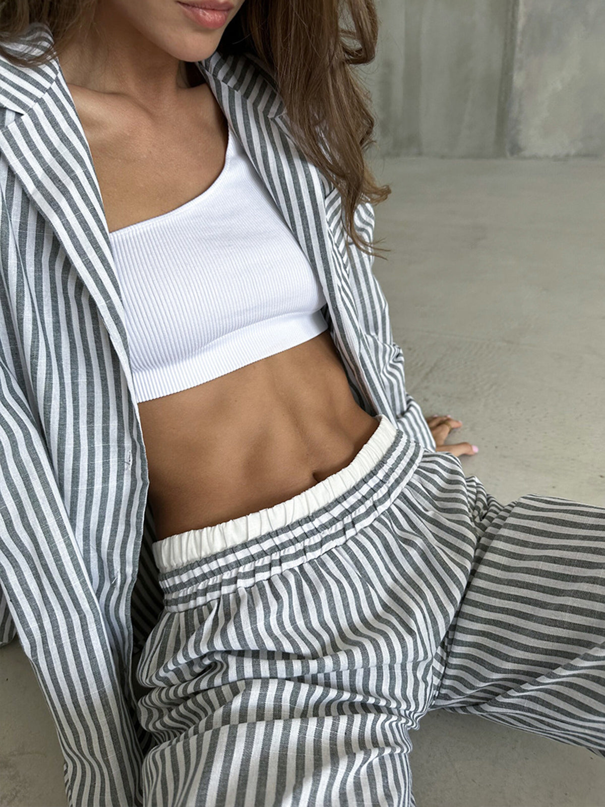 Pinstripe Lapel Long Sleeve Pants Set