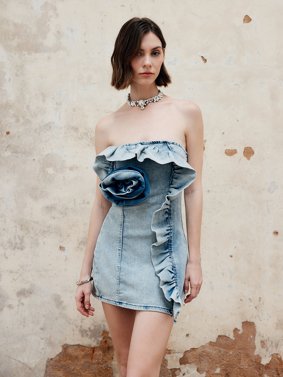 3D Flower Strapless Denim Short Dress