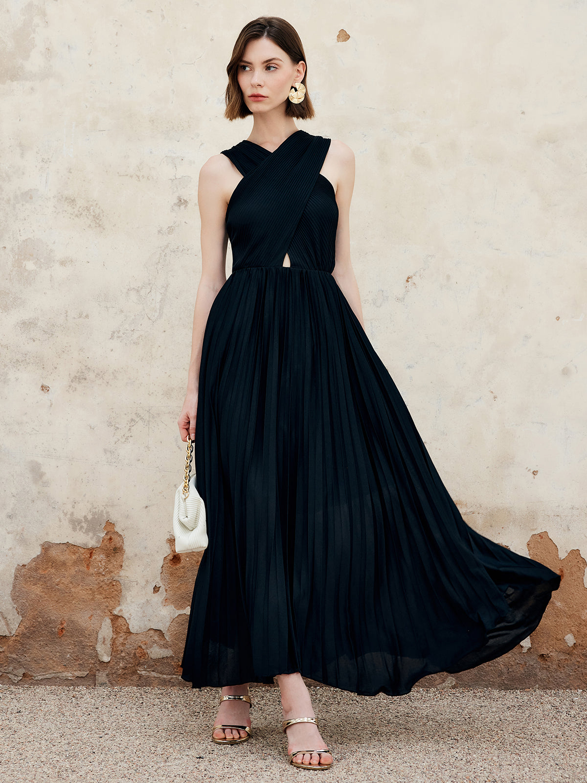 Criss Cross Pleated Long Dress