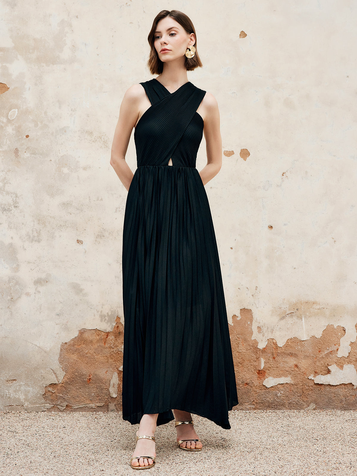 Criss Cross Pleated Long Dress