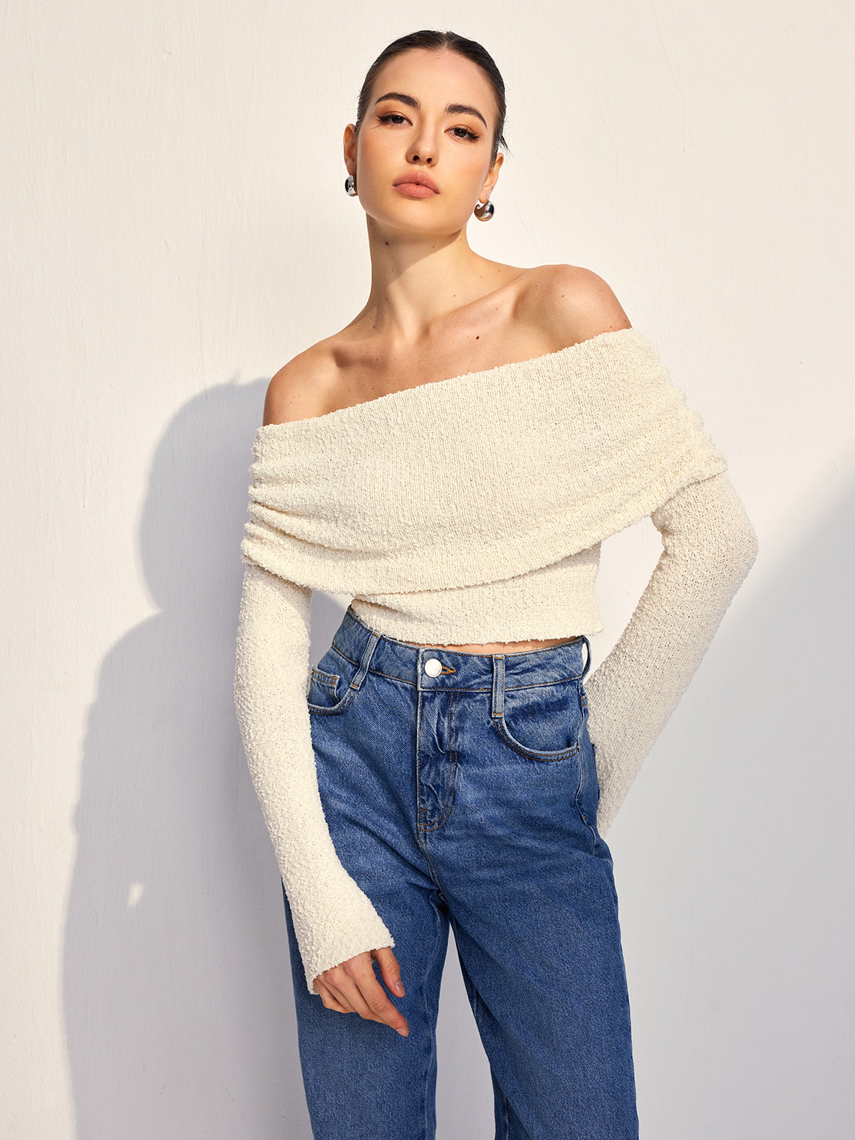 Off Shoulder Plain Knit Top