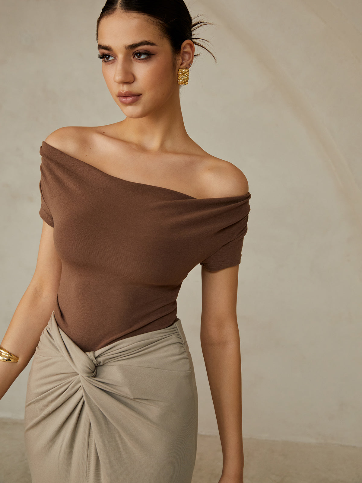 Off-Shoulder Pleated T-Shirt